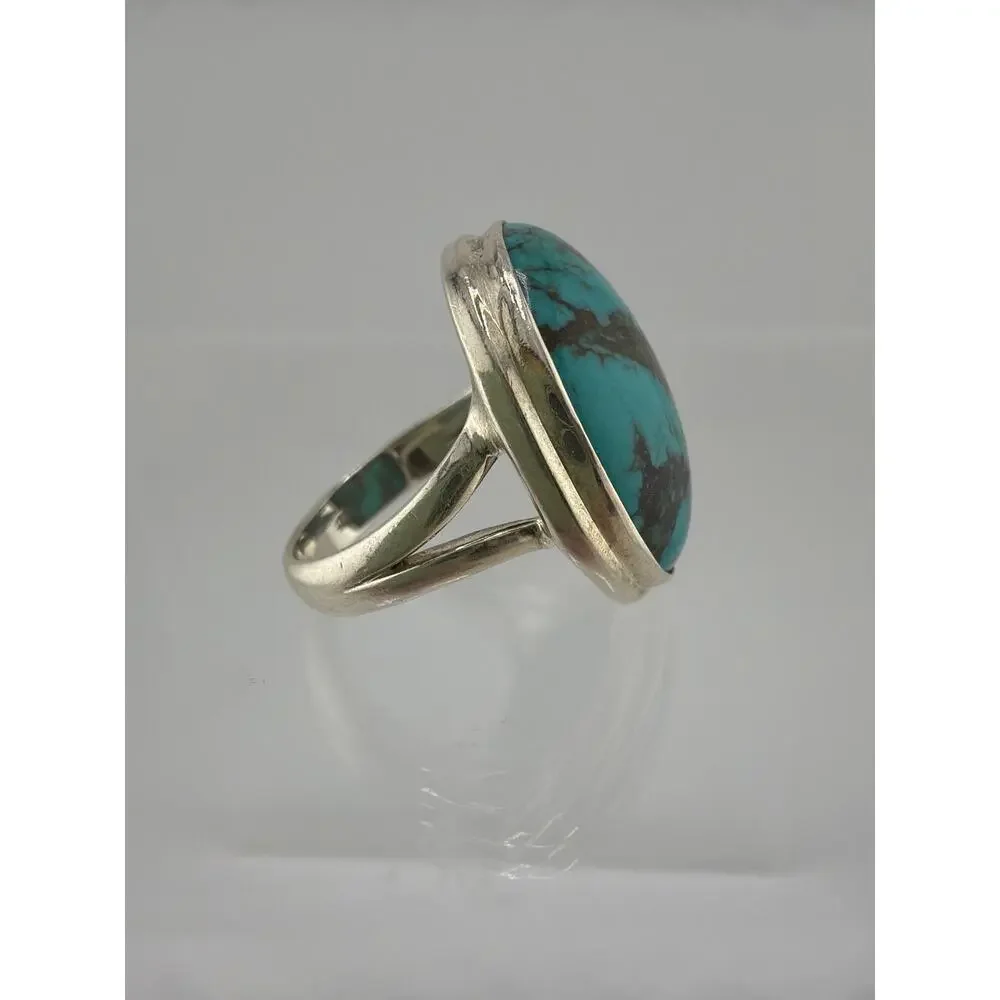 Large Oval Turquoise Matrix 925 Sterling Silver Statement Ring Size 8
